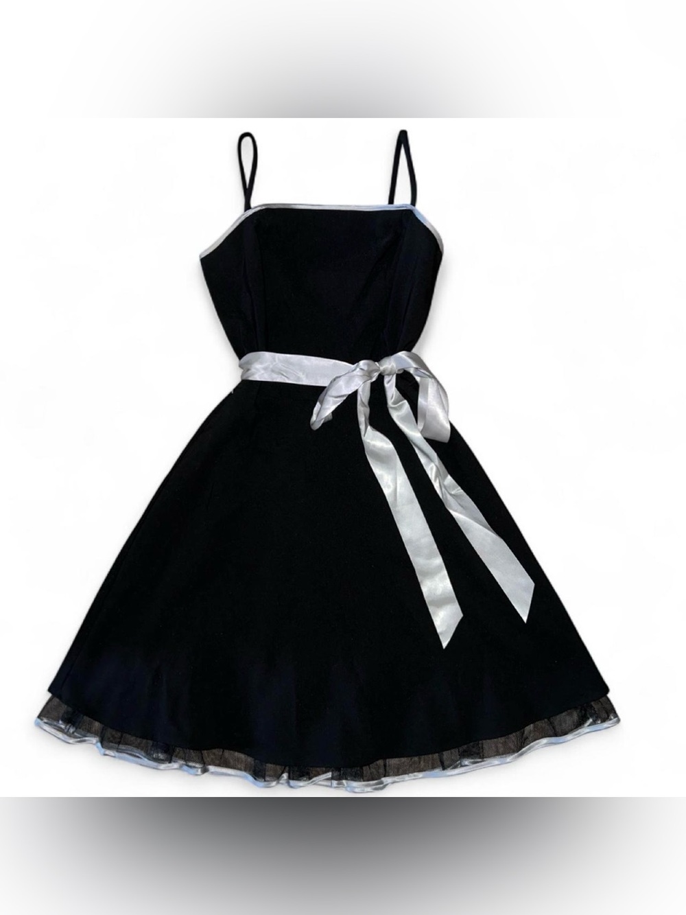 Vintage Masquerade Y2K Black Cocktail Midi Dress Silver Satin Ribbon Mesh Small